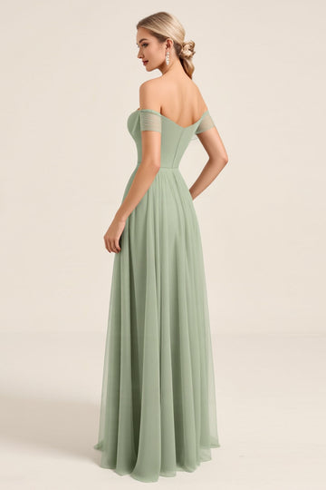 Matcha Chiffon A Line Off The Shoulder Long Bridesmaid Dress with Slit